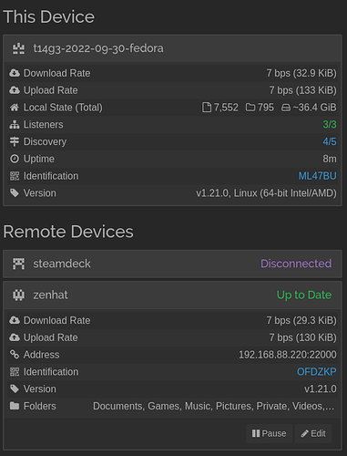 Same section screenshot. This device is "t14g3-2022-09-30-fedora". Remote Device shows device zenhat with status Up To Date.