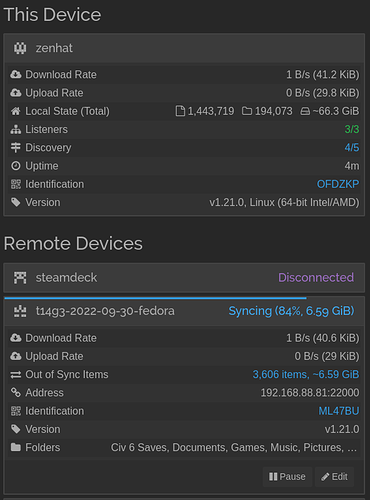 screenshot of syncthing "This Device" and "Remote Devices" panels. This device is "zenhat". Remote Devices shows a device t14g3-2022-09-30-fedora with status "Syncing (84%, 6.59GiB)".