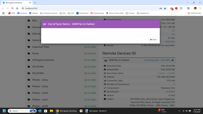 Dell Laptop - Remote Device 1 Out of Sync Items