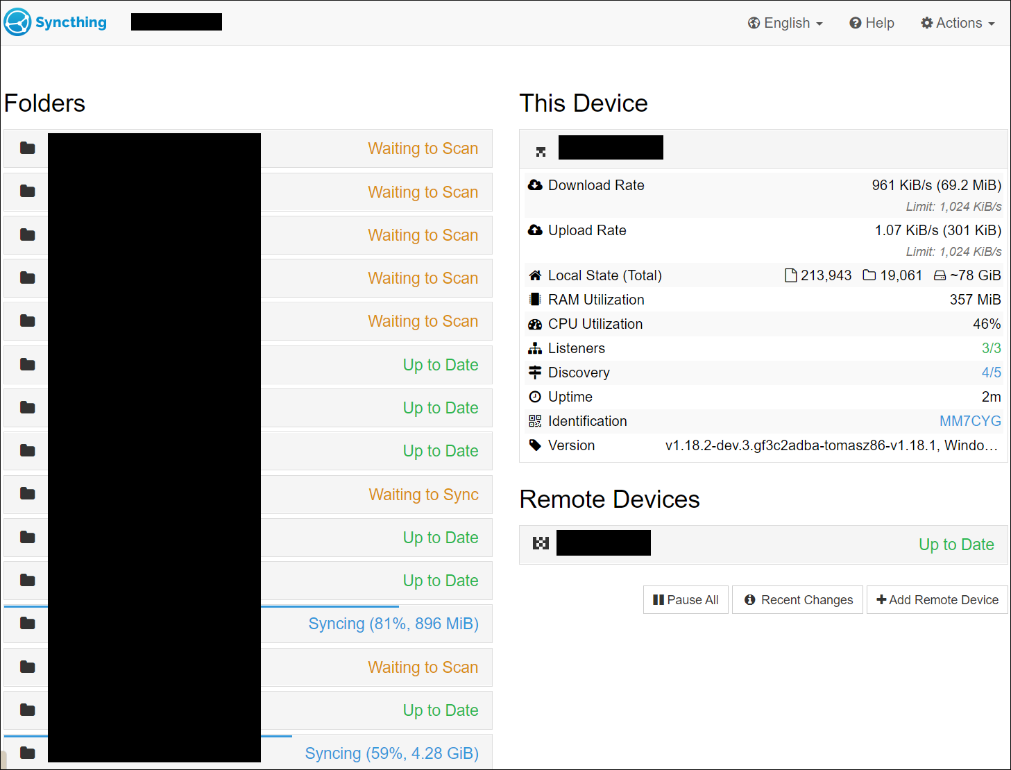 Syncthing stuck and Web GUI unresponsive after adding ignore