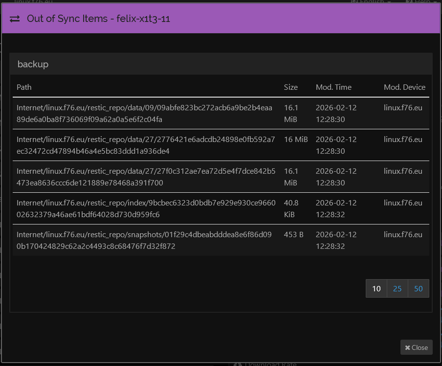 Screenshot of out of sync items in web interface